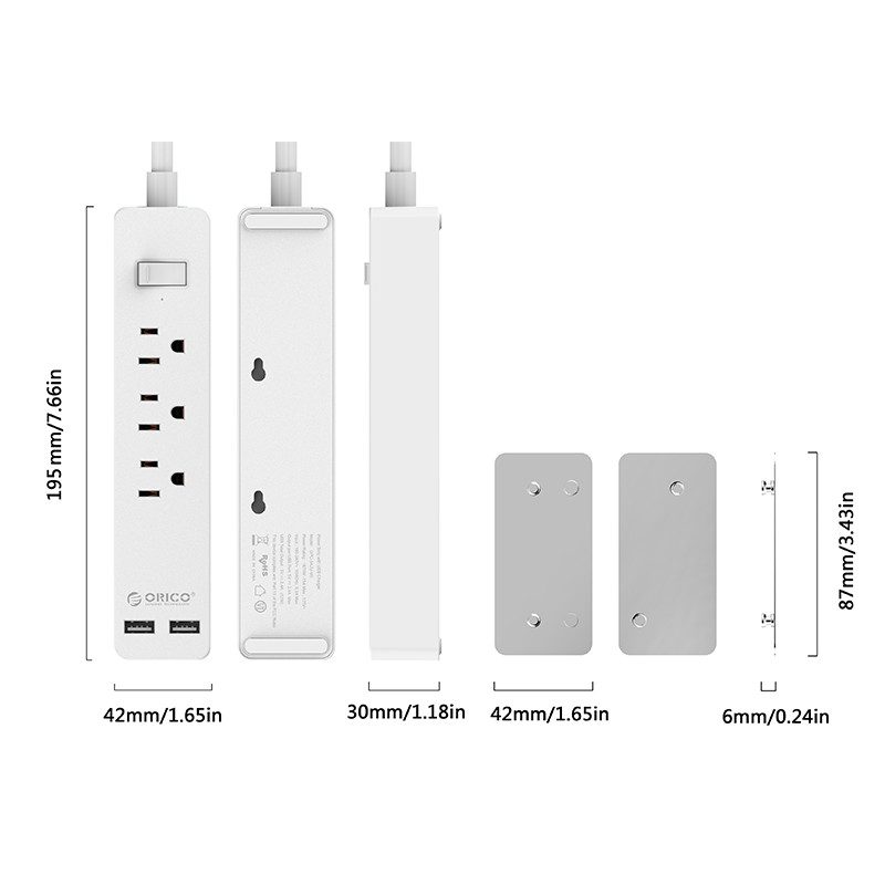 3 AC Outlet Power Strip With 2 USB Charging Port And Adhesive Board